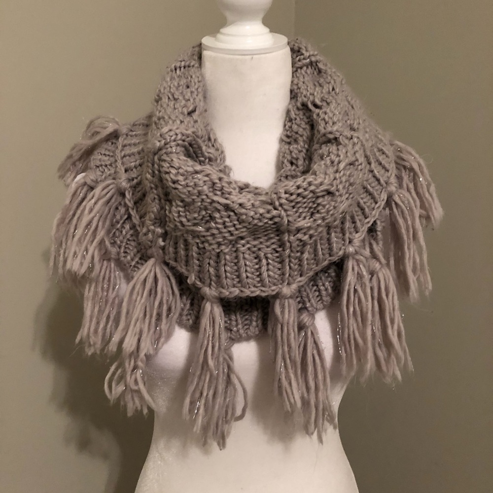 Gray Infinity Scarf with Fringe Detail
